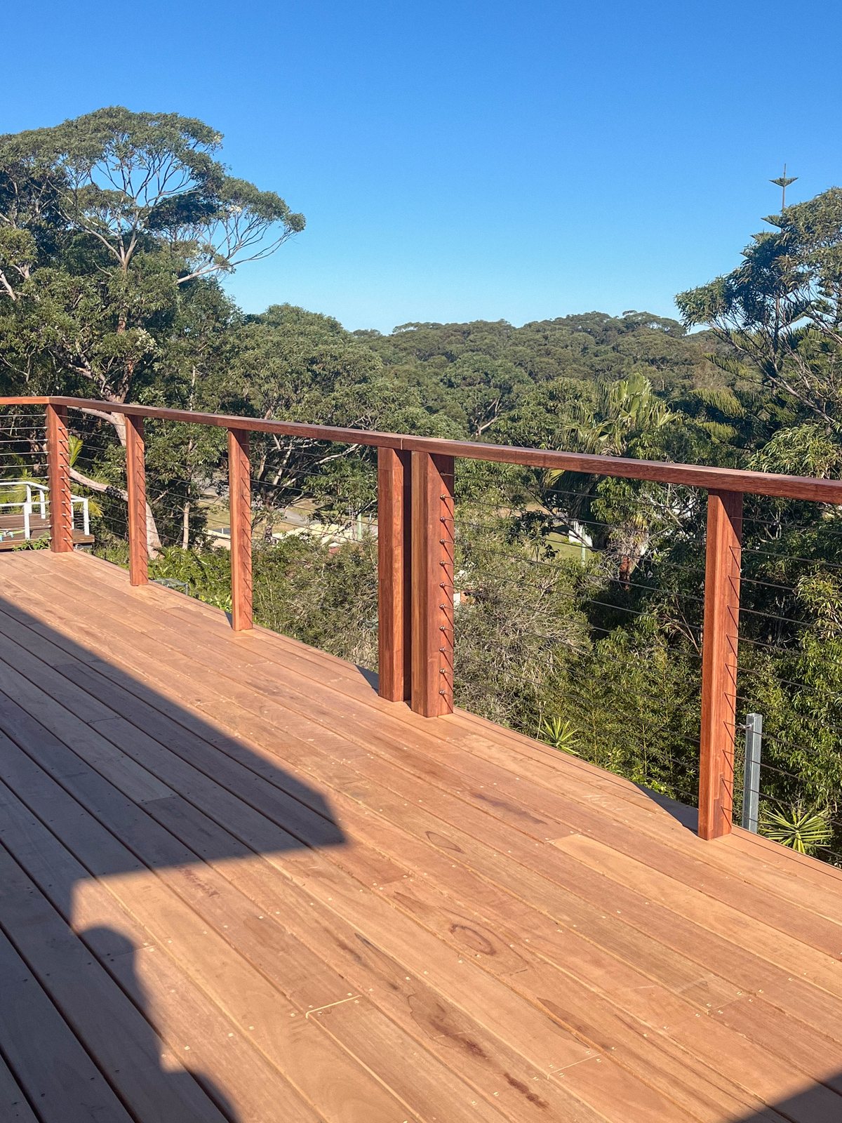 A timber deck with horizontal wire balustrades overlooks a treed hillside.